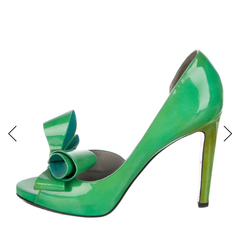 Valentino Green Patent Peep-Toe Heel with Bow Accent